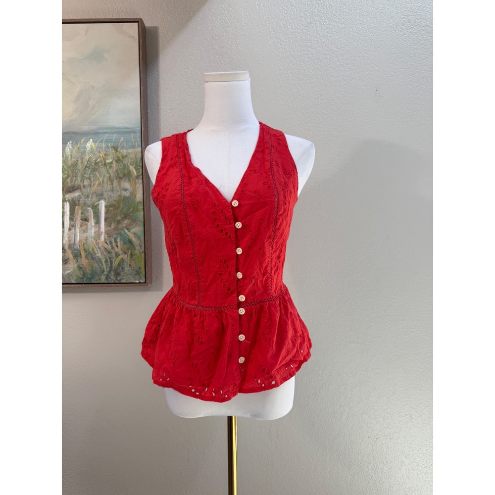Red Eyelet Peplum Top Sleeveless Button Front XS